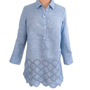 Lands End Chambray 100% Linen 3/4 Button Down, 3/4 Sleeve Tunic Top Women's 6